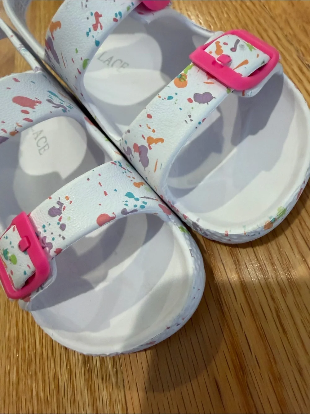 Cat & Jack White Sandals with Pink Buckles and Colorful Paint Splash